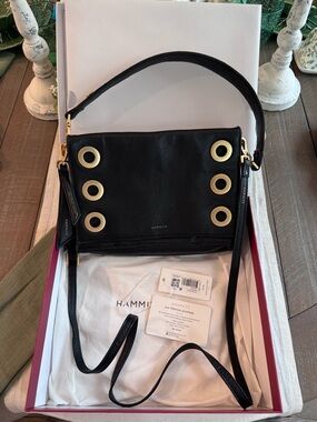 Hammitt Montana Black Leather Crossbody with Brushed Gold Eyelets